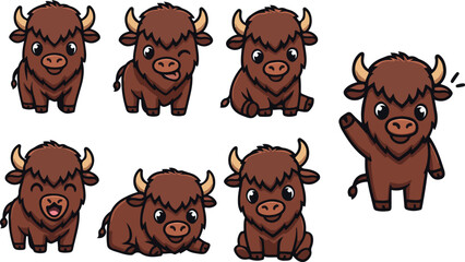 vector illustration of bison buffalo bull cow funny cute cartoon mascot character cartoon with 7 poses  © weng