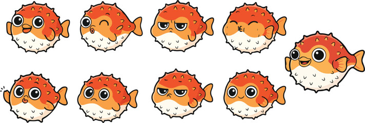 vector illustration of puff puffer blow fish funny cute cartoon mascot character cartoon with 9 poses  © weng