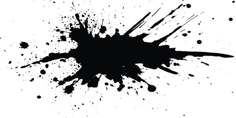 Black ink Splatter black paint ink brush strokes isolated white background. Vibrant ink splat on white background. Black splatter of paint on a white background.
