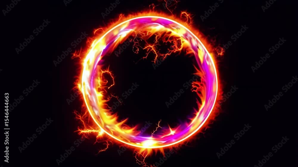 Poster pulsating energy ring with dynamic fiery effects and vibrant glow on a dark background