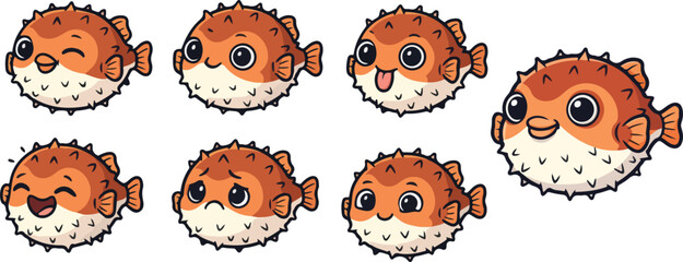 vector illustration of puff puffer blow fish funny cute cartoon mascot character cartoon with 7 poses 02 © weng