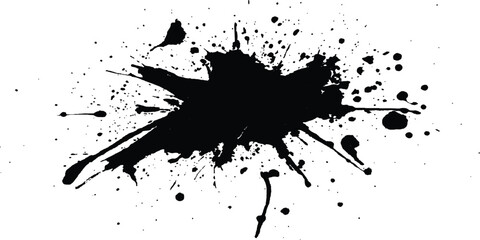 Black ink Splatter black paint ink brush strokes isolated white background. Vibrant ink splat on white background. Black splatter of paint on a white background.