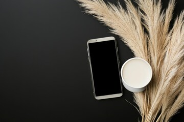 Pampas Grass and White Cup with Coffee Mobile Phone with Black Screen Checking Social Media