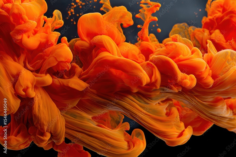 Poster a high-speed photo capturing the explosive reaction of orange paint mixing with water, creating abst