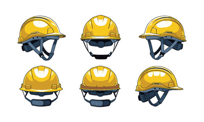 Modern vector illustration of a yellow construction safety helmet, front-left, side-left, side-right, and front-right—similar, easily editable and scalable.