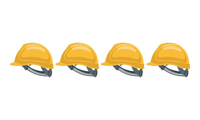 Modern vector illustration of a yellow construction safety helmet, front-left, side-left, side-right, and front-right—similar, easily editable and scalable.
