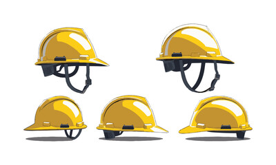 Modern vector illustration of a yellow construction safety helmet, front-left, side-left, side-right, and front-right—similar, easily editable and scalable.