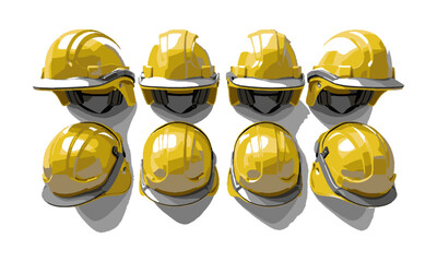 Modern vector illustration of a yellow construction safety helmet, front-left, side-left, side-right, and front-right—similar, easily editable and scalable.