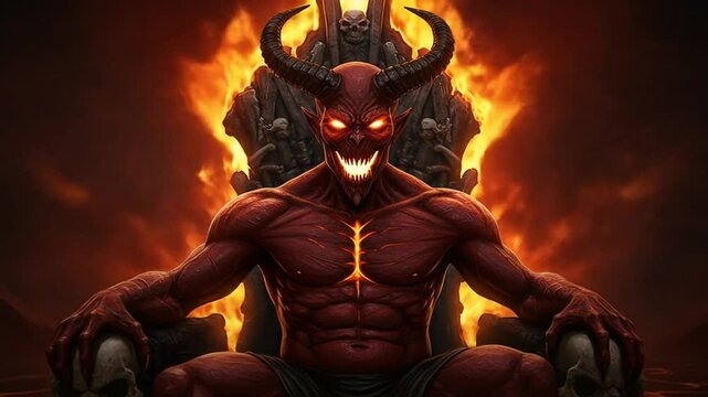 Demonic figure on throne amidst flames digital illustration