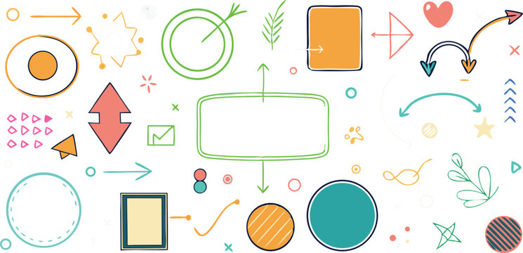 Hand drawn elements and arrows on white background