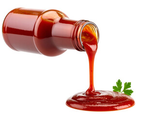 Ketchup bottle pouring sauce with green parsley leaf. Transparent background