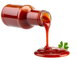 Ketchup bottle pouring sauce with green parsley leaf. Transparent background