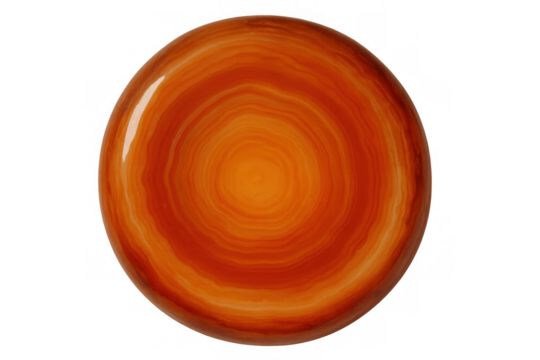Polished carnelian gemstone revealing concentric patterns, showcasing rich orange tones against clean white backdrop