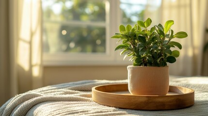 A vibrant green houseplant sits on a wooden tray in a sunlit room, symbolizing freshness and the connection between nature and interior living spaces.