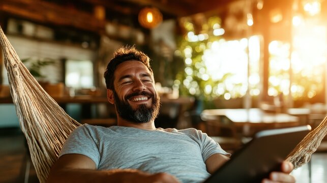 A smiling man lounges in a hammock while using a tablet, surrounded by a warm and inviting atmosphere with greenery, creating a perfect blend of comfort and relaxation.