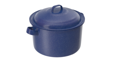 A blue cooking pot with a lid, suitable for boiling or simmering various dishes.