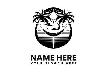 Relaxing hammock scene at sunset, palm trees, ocean, minimalist black and white logo design.