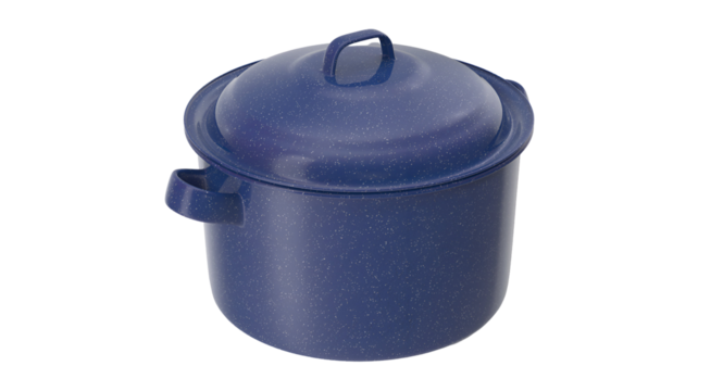A blue cooking pot with a lid, suitable for boiling or simmering various dishes.