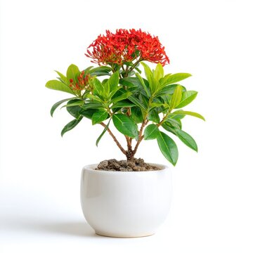 Vibrant Red Ixora Flower in White Pot Against White Background