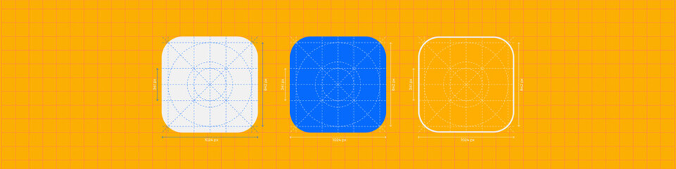 Vector illustration of mobile app icon with measurement lines. UI layout with guides showing size and spacing. Ideal for design specs, interface guidelines, and app development visuals. Editable lines