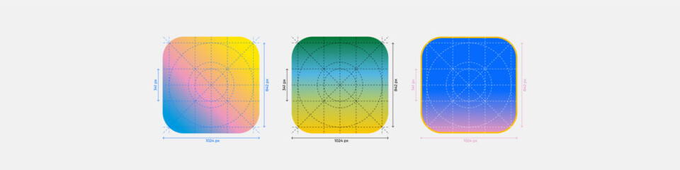 Vector illustration of mobile app icon with measurement lines. UI layout with guides showing size and spacing. Ideal for design specs, interface guidelines, and app development visuals. Editable lines