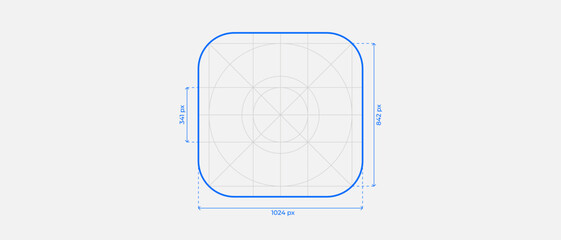 Vector illustration of mobile app icon with measurement lines. UI layout with guides showing size and spacing. Ideal for design specs, interface guidelines, and app development visuals. Editable lines