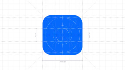 Vector illustration of mobile app icon with measurement lines. UI layout with guides showing size and spacing. Ideal for design specs, interface guidelines, and app development visuals. Editable lines