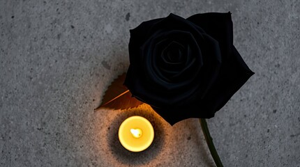 A black rose lies next to a lit candle on a speckled grey surface