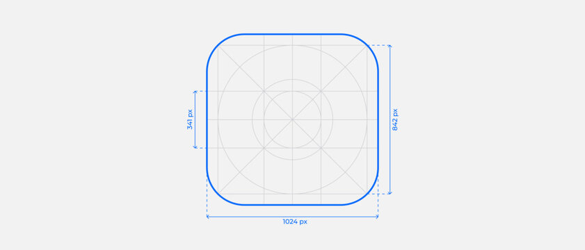 Vector illustration of mobile app icon with measurement lines. UI layout with guides showing size and spacing. Ideal for design specs, interface guidelines, and app development visuals. Editable lines