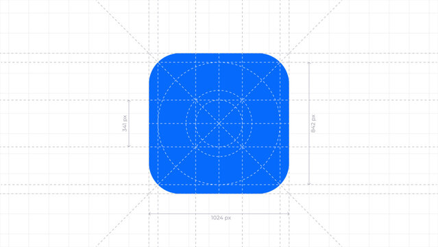 Vector illustration of mobile app icon with measurement lines. UI layout with guides showing size and spacing. Ideal for design specs, interface guidelines, and app development visuals. Editable lines