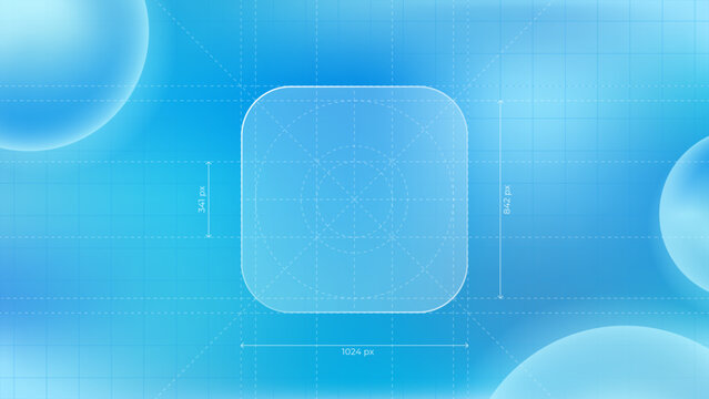 Vector illustration of mobile app icon with measurement lines. UI layout with guides showing size and spacing. Ideal for design specs, interface guidelines, and app development visuals. Editable lines