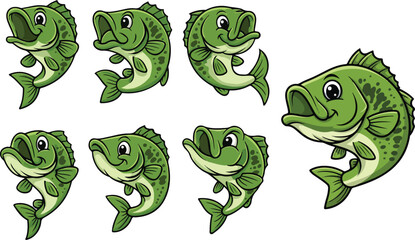 vector illustration of big bass lake fish funny cute cartoon mascot character cartoon with 7 poses 02