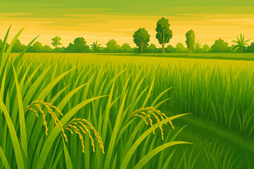 This is a digitally illustrated image of a lush green rice field under a warm, golden sky. The foreground features detailed rice plants with mature, golden grains hanging from their stalks. The field 