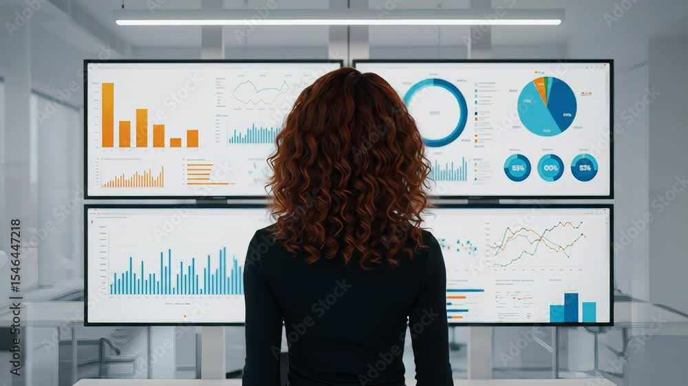 Aufkleber businesswoman analyzing financial data on multiple monitors with charts and graphs, focused on stati