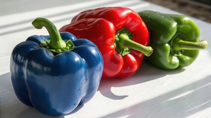 A vibrant trio of bell peppers showcasing blue red and green hues on a bright white surface top view