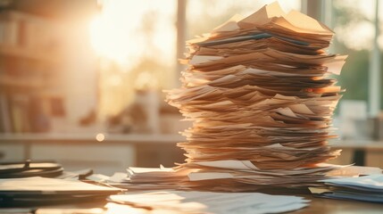 A chaotic stack of paperwork on a desk captures the overwhelming feeling of tasks piling up, representing the challenges of organization and productivity in modern life.