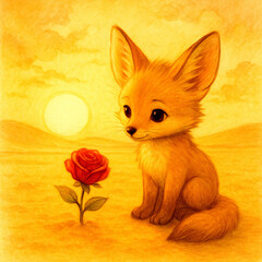 Cute Fox with a Rose at Sunset (Generative AI)
