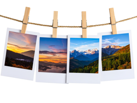 Hanging Polaroid Photos with Nature Scenes, Isolated on Transparent Background