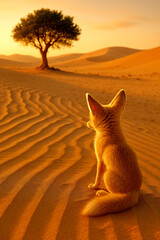 Fox Sitting on Crescent Moon Above Earth (Generative AI)