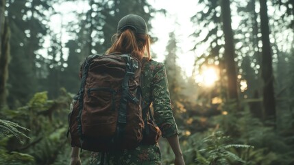A woman in a floral dress and backpack walks through a serene forest scene, illuminated by golden sunlight filtering through tall trees, embodying adventure and tranquility.