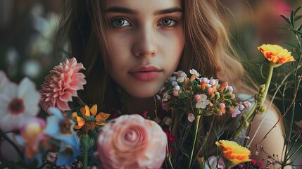 Naklejka premium beautiful young woman with flowers