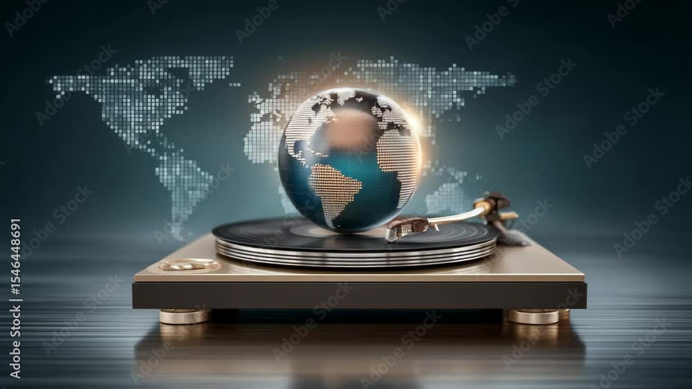 Poster glowing earth globe modern turntable with digital world map background creating futuristic music tec