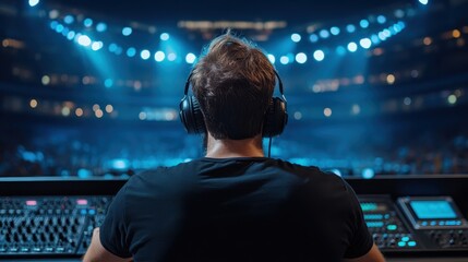 An engaged DJ, focused and immersed in music, skillfully performing in front of an energetic crowd at a concert, creating electrifying vibes and unforgettable memories.