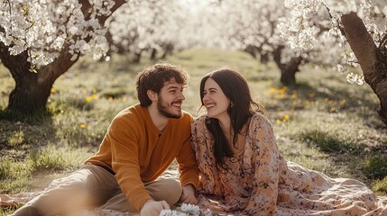 Happy couple having a picnic under cherry trees, casual spring clothes, natural laughter, candid photo style 