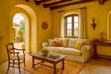 Cozy Interior of a Rustic Living Room Showcasing Warm Tones and Inviting Decor With a View of the Outdoor Patio in a Sunny Setting