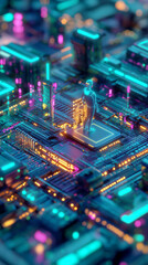 Obraz premium Network security architect cybersecurity design. 3D. Futuristic circuit board with neon lights and a figure standing.