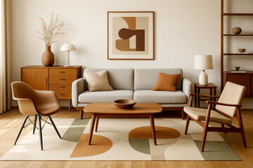 Modern Living Room Decor Showcasing a Minimalist Style With Earth Tones and Stylish Furniture in a Well-Lit Interior Space
