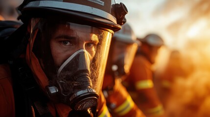 This image captures the intense focus of a firefighter wearing protective gear, symbolizing bravery, dedication, and the human spirit in the face of danger and adversity.