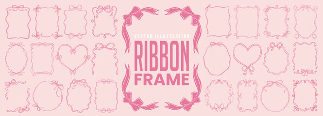 Cute ribbon frame set with bow for wedding, birthday party invitation and social media template decoration. Minimalist border, doodle line art, banner and ornament label or badge in coquette style.