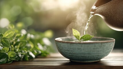 A serene image of hot water being poured over fresh herbal leaves in a ceramic bowl, symbolizing tranquility, wellness, and the ritual of tea making for relaxation and rejuvenation.
